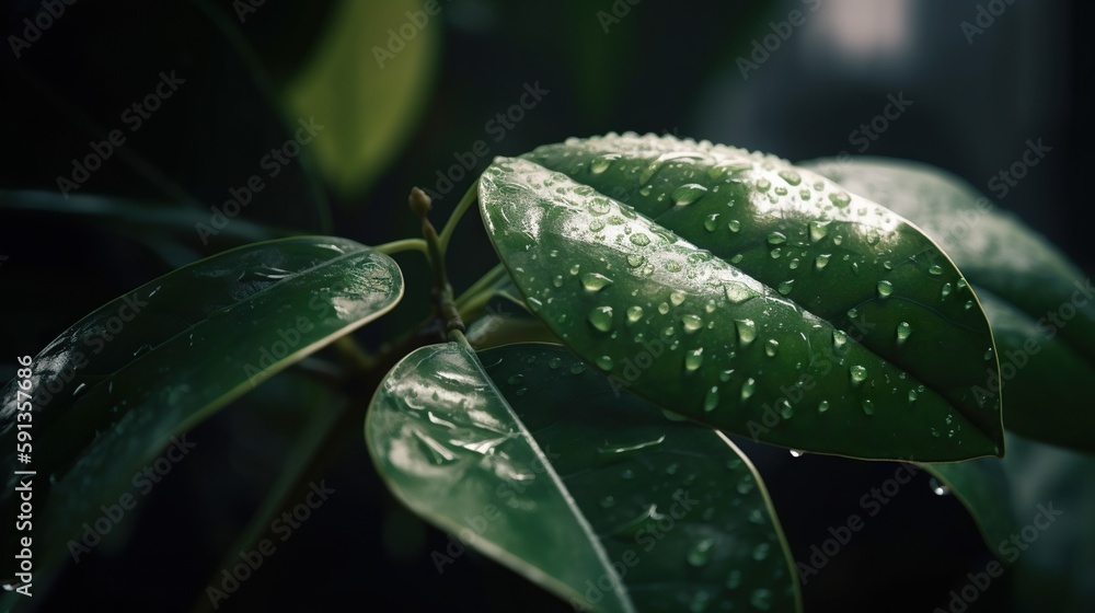 Closeup of ficus tropical plant leaves with rain drops. Green natural backdrop. Generative AI