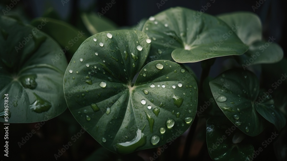 Closeup of Watermelon Peperomia tropical plant leaves with rain drops. Green natural backdrop. Gener