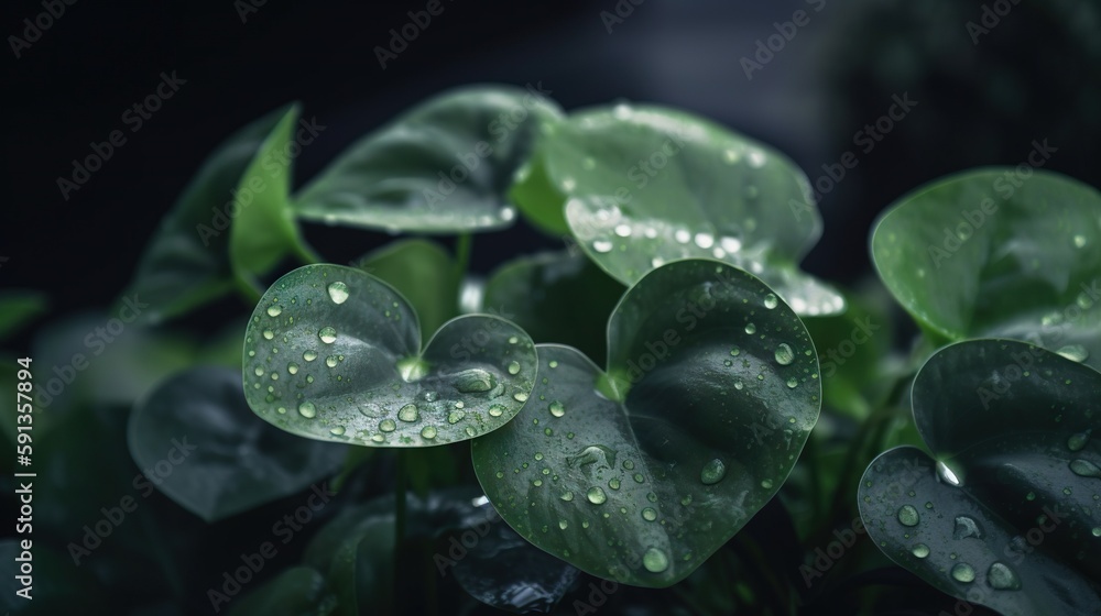 Closeup of Watermelon Peperomia tropical plant leaves with rain drops. Green natural backdrop. Gener