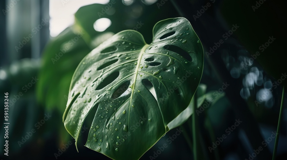 Closeup of Monstera tropical plant leaves with rain drops. Green natural backdrop. Generative AI