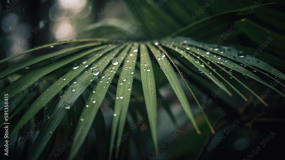 Closeup of palm tropical plant leaves with rain drops. Green natural backdrop. Generative AI