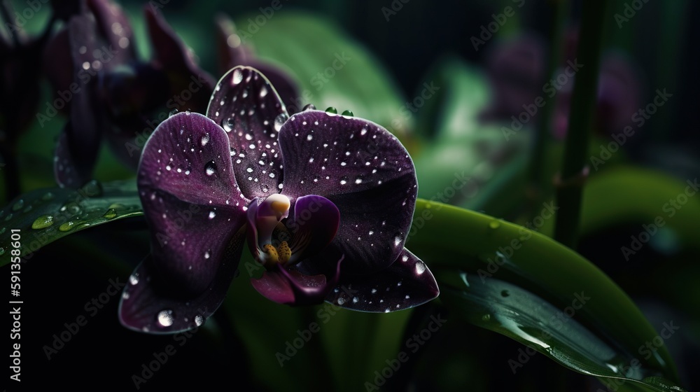 Closeup of orchid tropical plant leaves with rain drops. Green natural backdrop. Generative AI