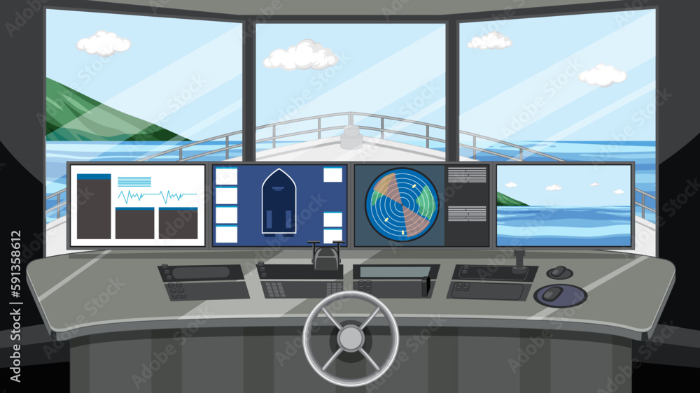 Ship cockpit interior with control panels