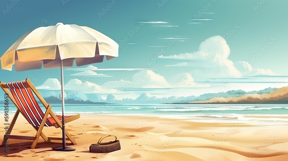 Beach chair and umbrella on beautiful beach. Sunny day on a ocean shore. Travel paradise concept. Ge