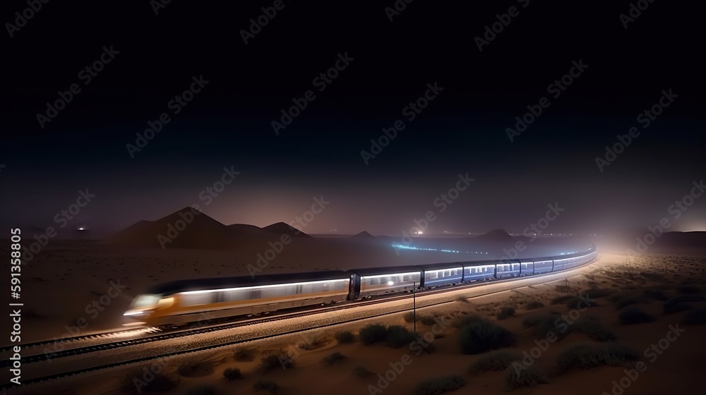 Speed passenger train moving in the night desert. Generative AI