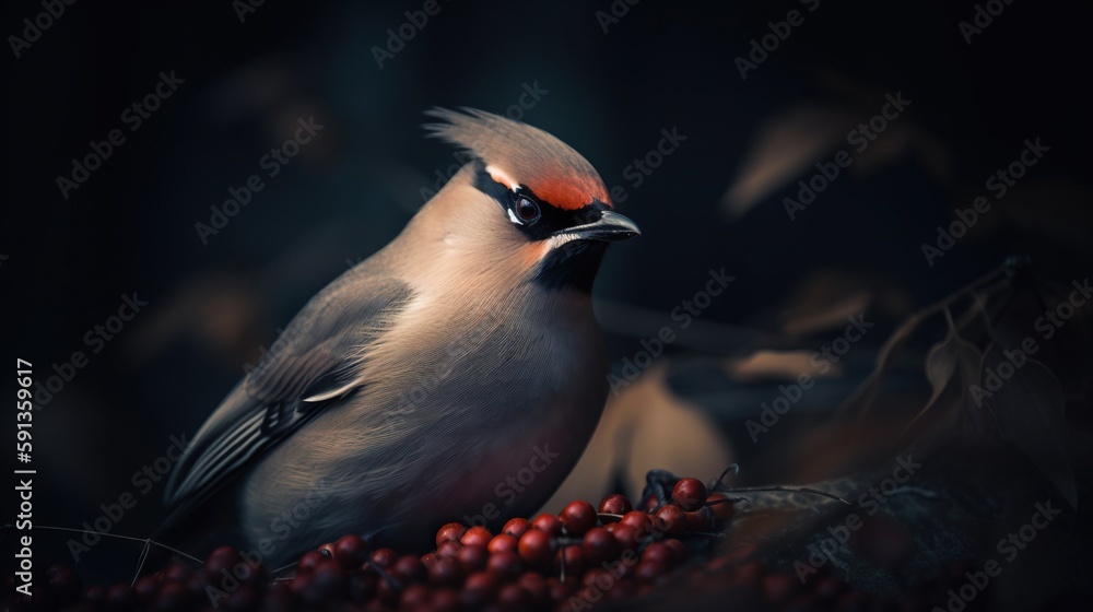 A Bohemian Waxwing bird stands on a tree branch. Generative AI