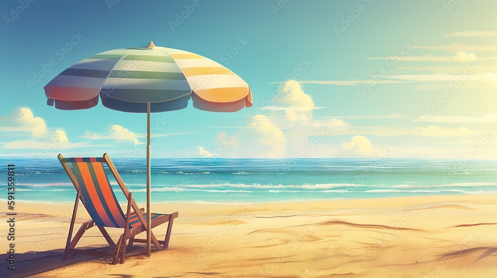 Beach chair and umbrella on beautiful beach. Sunny day on a ocean shore. Travel paradise concept. Ge