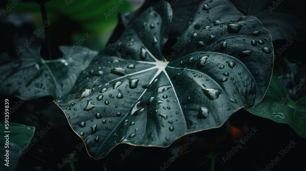 Closeup of Alocasia tropical plant leaves with rain drops. Green natural backdrop. Generative AI