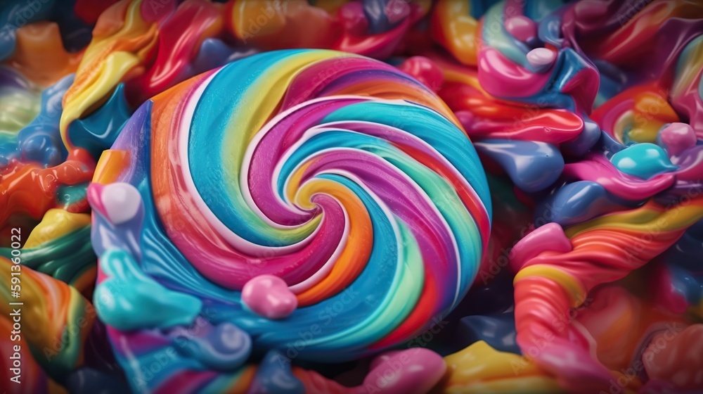 Closeup of colorful candy vortex. Swirl of sweet rainbow sweet lollipop liquid. Generative AI