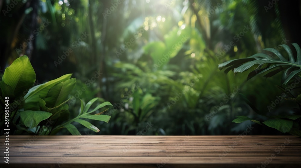 Wood table mockup with tropical jungle on background. Empty copy space for product presentation. Gen