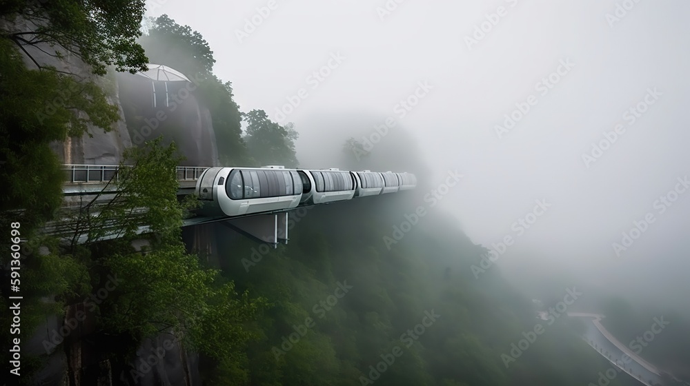 Speed passenger train moving in the mist mountains covered with forest. Generative AI