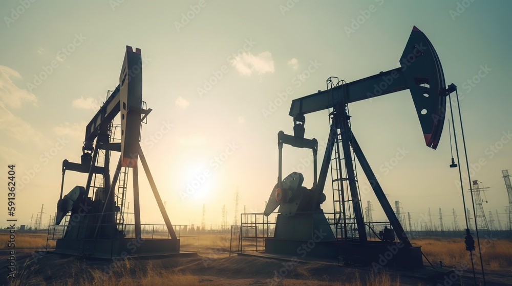 Working oil pumps in mountains. Natural resources industry. Oil rig. Generative AI