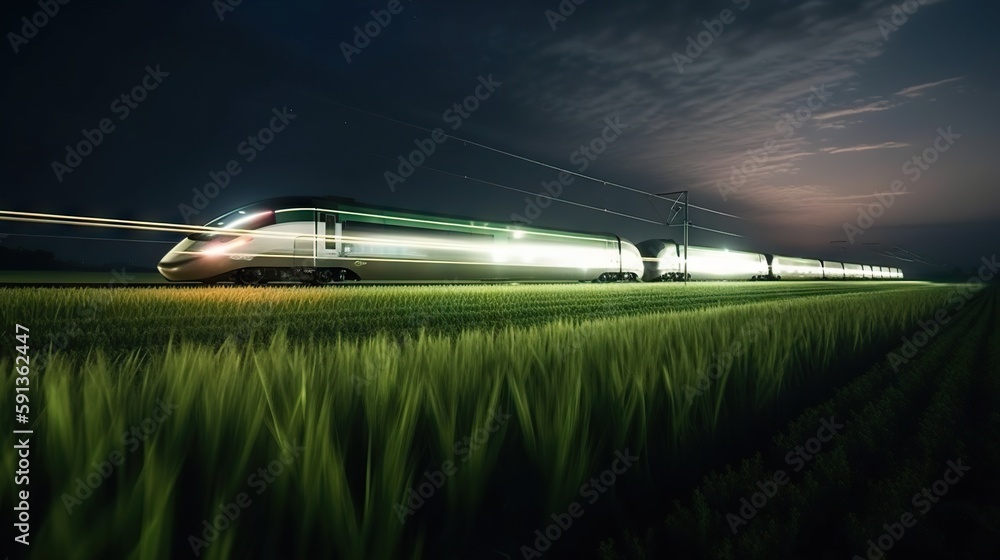 Speed passenger train moving in the night. Generative AI