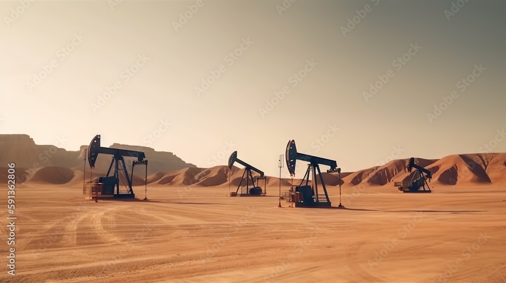 Working oil pumps in desert place. Natural resources industry. Oil rig in dunes. Generative AI