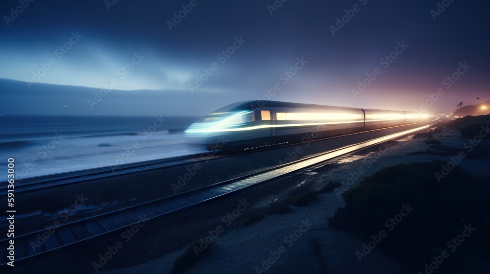 Speed passenger train moving in the night by sea shore. Generative AI