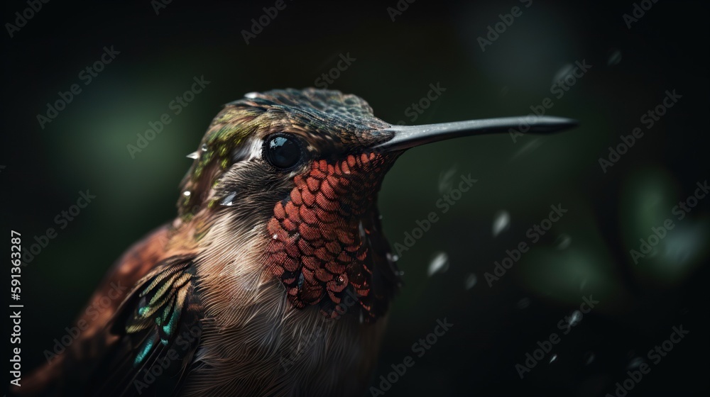 Closeup of hummingbird on a green background. Generative AI