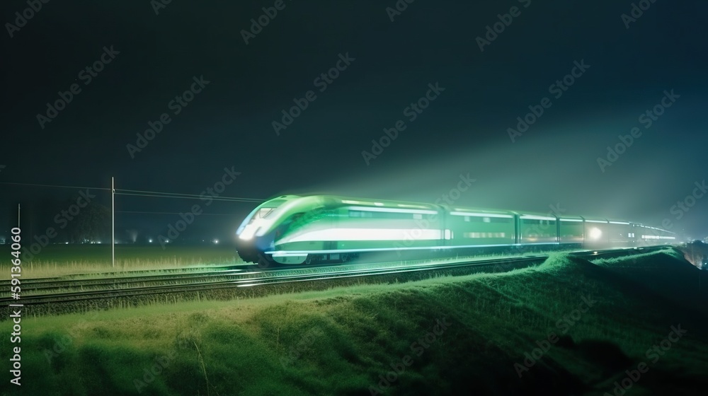 Speed passenger train moving in the night. Generative AI