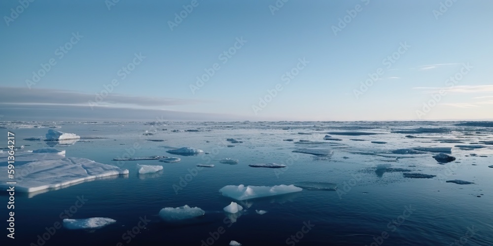 Winter sea landscape with floating ice fragments on still cold water. Generative AI