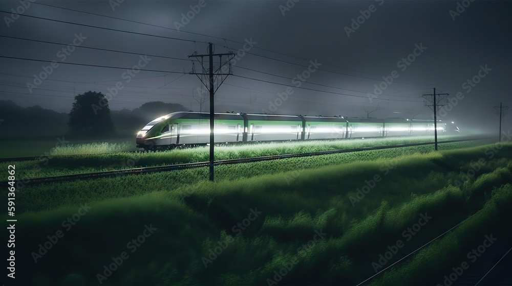 Speed passenger train moving in the night. Generative AI