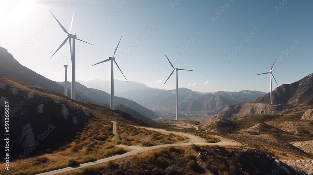 Power generating Windmills in Mountains. Green energy. Generative AI