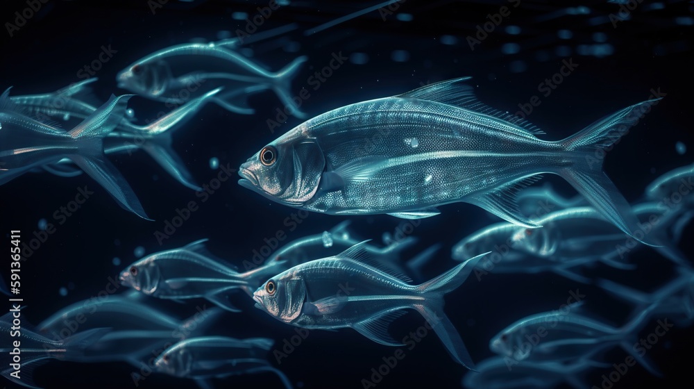 School of small silver fish underwater. Marine life. Generative AI