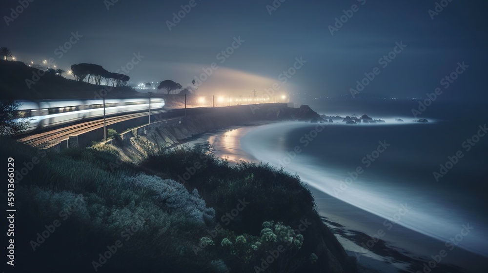 Speed passenger train moving in the night by sea shore. Generative AI