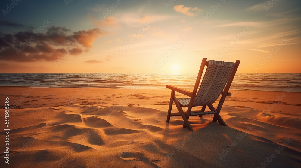 Beach chair and umbrella on beautiful beach. Sunset over ocean. Travel paradise concept. Generative 