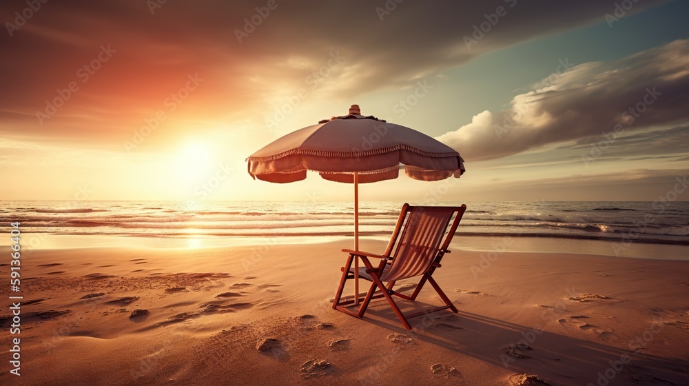 Beach chair and umbrella on beautiful beach. Sunset over ocean. Travel paradise concept. Generative 