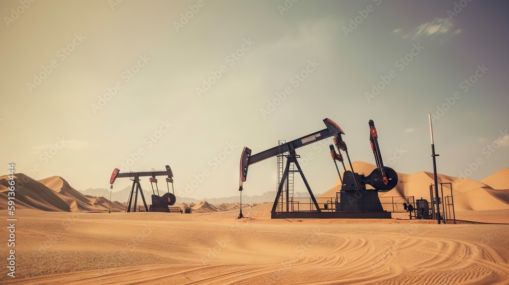 Working oil pumps in desert place. Natural resources industry. Oil rig in dunes. Generative AI