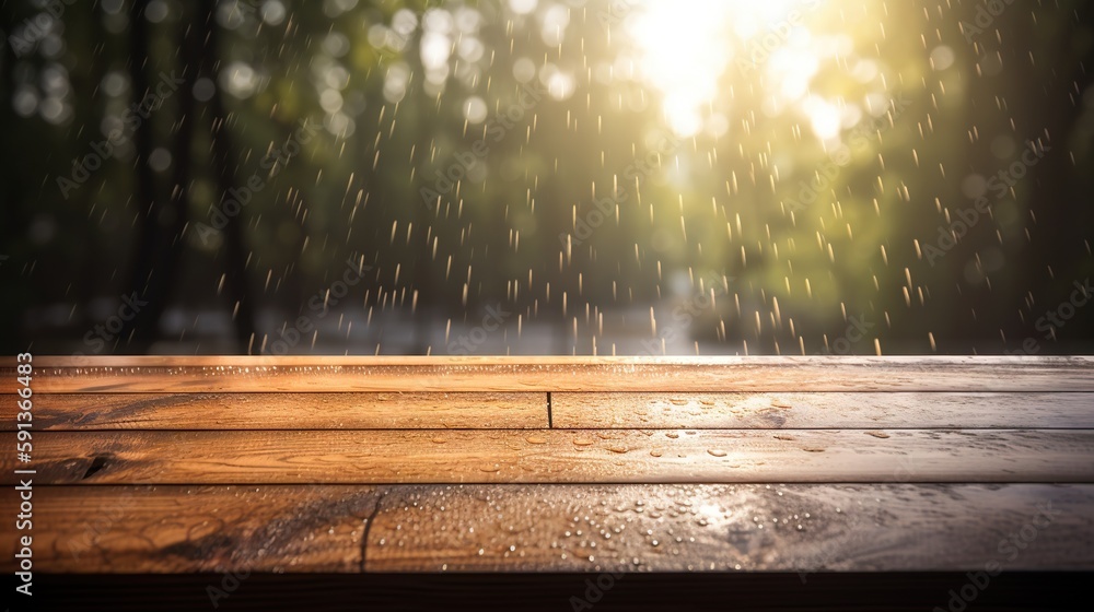 Wood table mockup with summer rain over green landscape. Empty copy space for product presentation. 