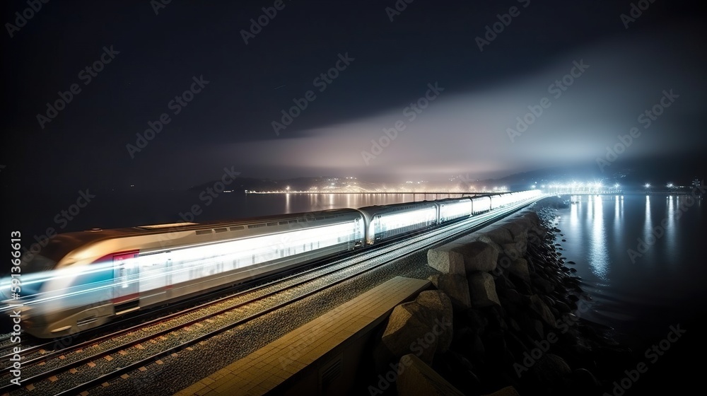 Speed passenger train moving in the night by sea shore. Generative AI