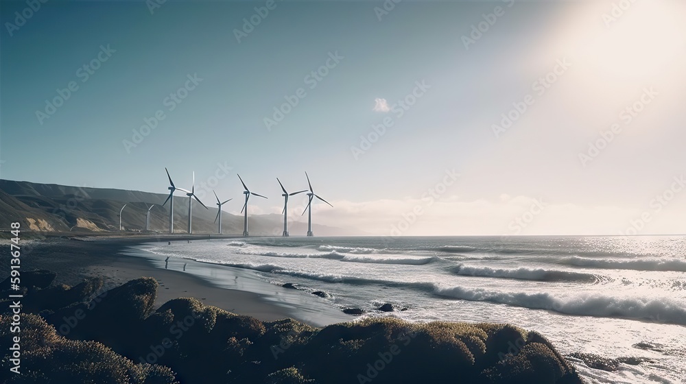 Windmill farm on the ocean shore, windmills on a sunny day. Generative AI