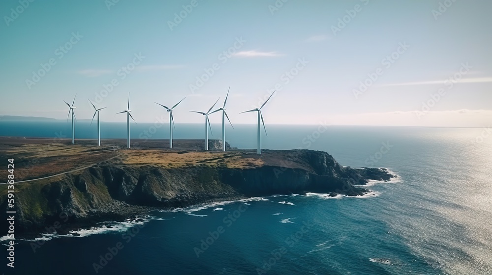 Windmill farm on the ocean shore, windmills on a sunny day. Generative AI