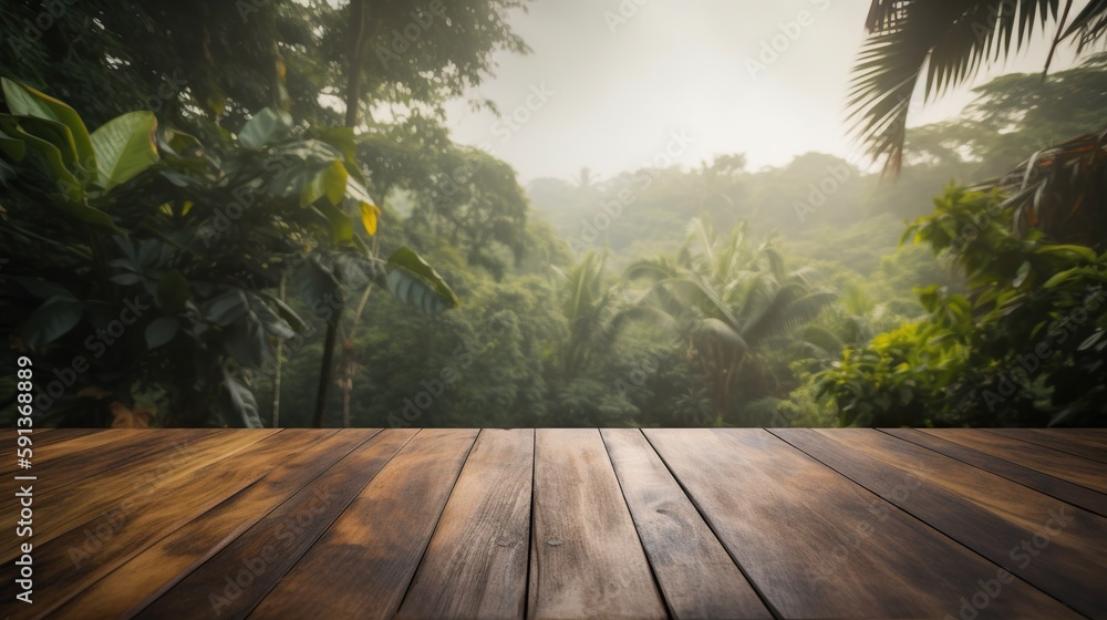 Wood table mockup with tropical jungle on background. Empty copy space for product presentation. Gen