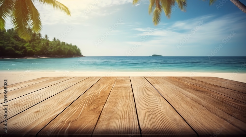 Wood table mockup with tropical paradise beach on background. Empty copy space for product presentat