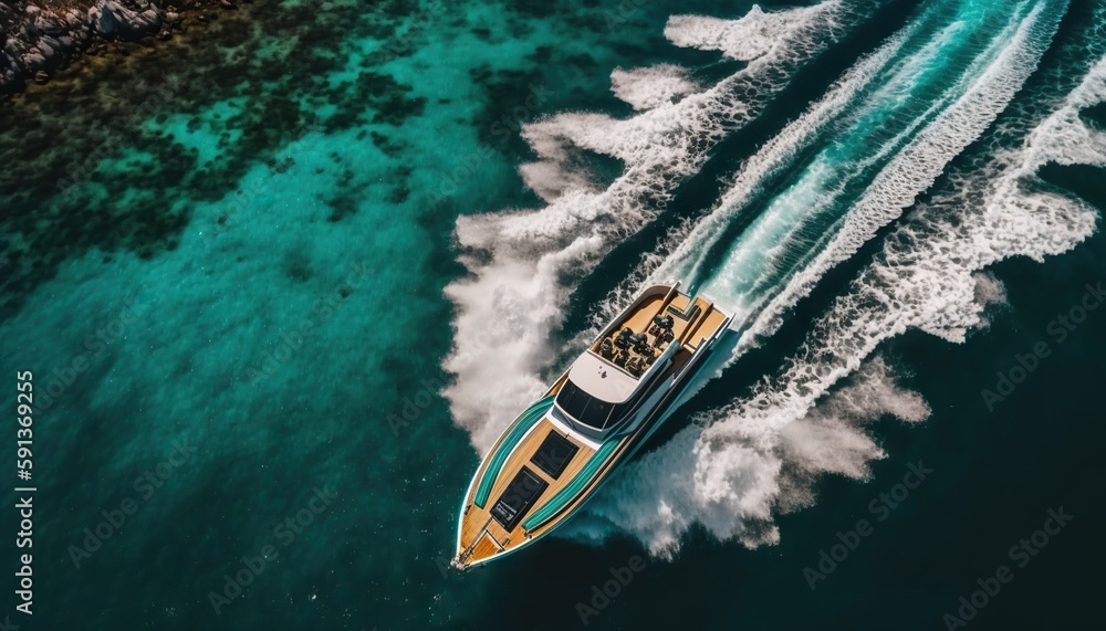 Top view on speed boat in paradise turquoise ocean water. Generative AI