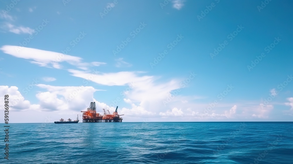 Oil rig in the sea on a sunny day with blue sky. Offshore oil drilling. Generative AI