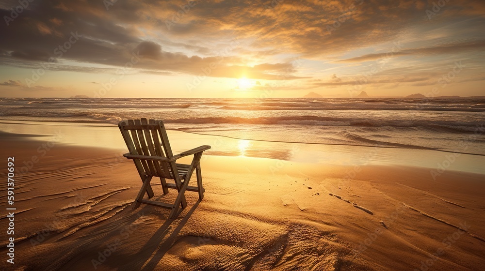 Beach chair and umbrella on beautiful beach. Sunset over ocean. Travel paradise concept. Generative 