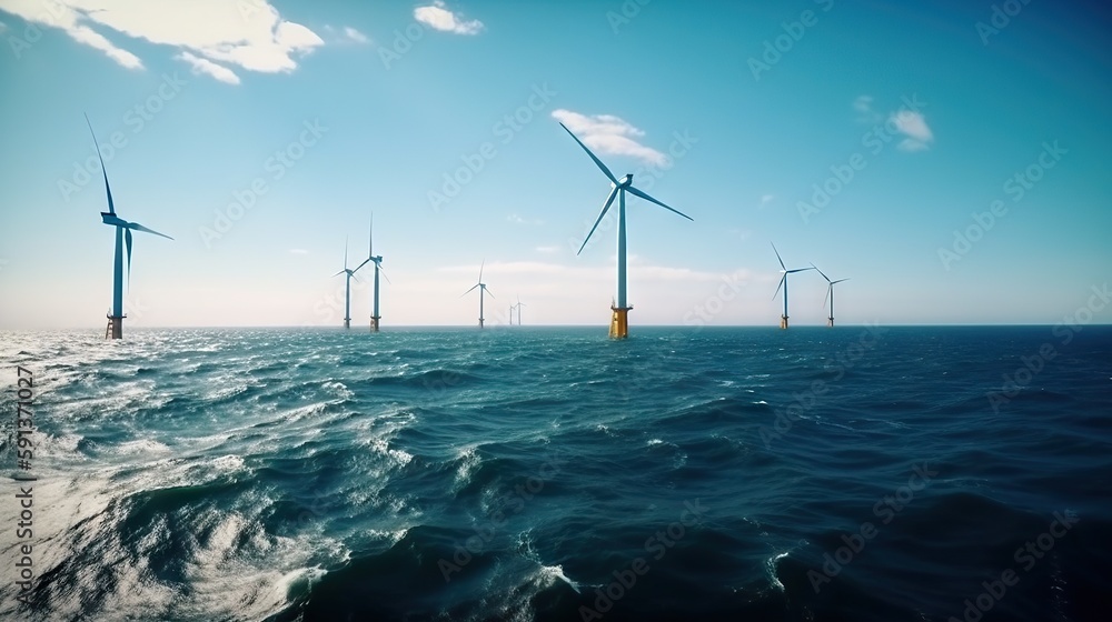 Offshore Windmill farm in the ocean, windmills isolated at sea on a sunny day. Generative AI