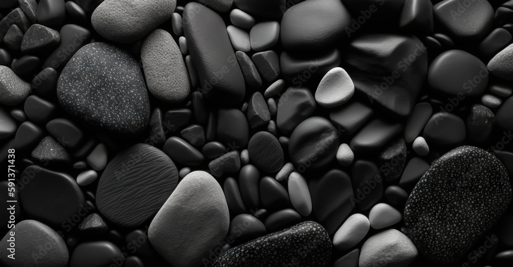 Black pebble stones texture. Dark natural rock backdrop. Generative AI