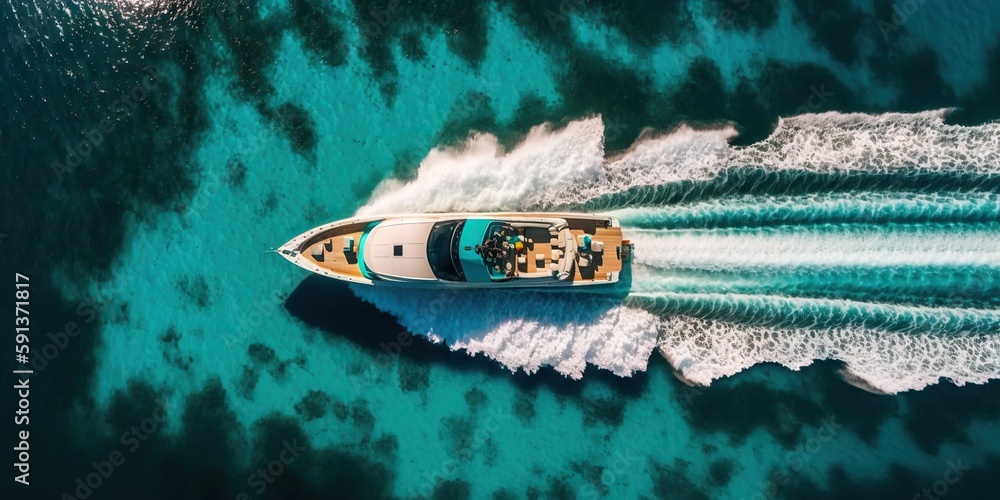 Top view on speed boat in paradise turquoise ocean water. Generative AI