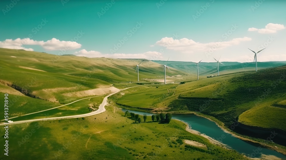 Wind turbines on landscape with green hills and river. Renewable energy concept. Generative AI