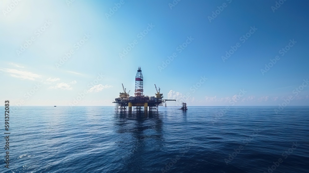 Oil rig in the sea on a sunny day with blue sky. Offshore oil drilling. Generative AI