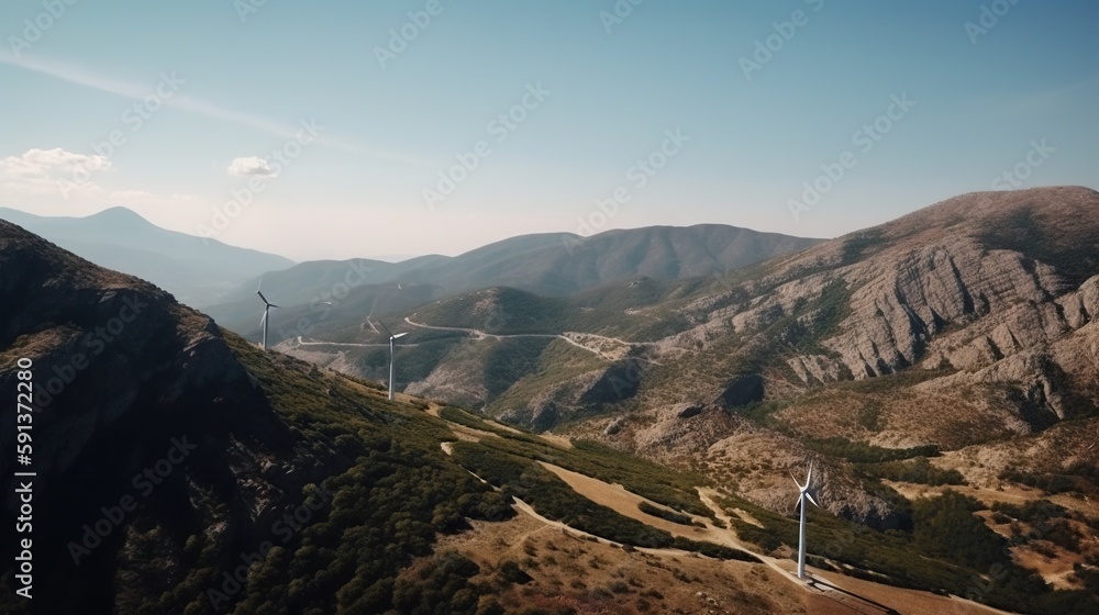 Power generating Windmills in Mountains. Green energy. Generative AI