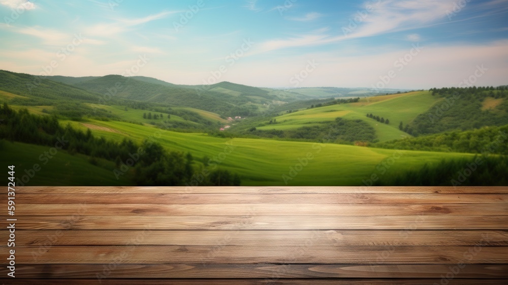 Wood table mockup with vibrant green hills on background. Empty copy space for product presentation.