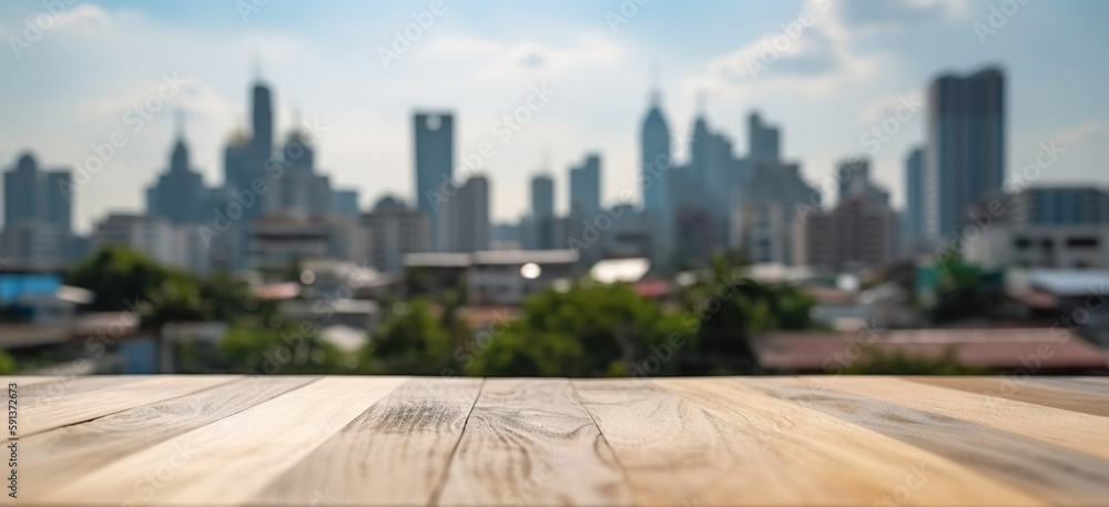 Wood table mockup with Bangkok city street in shallow depth of field. Copy space for product present