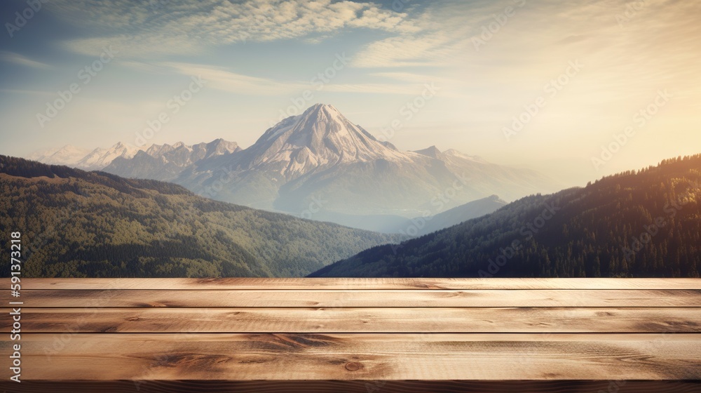 Wood table mockup with high mountains on background. Empty copy space for product presentation. Gene