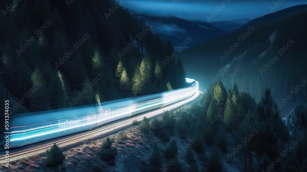 Speed passenger train moving in the night mountains covered with forest. Generative AI