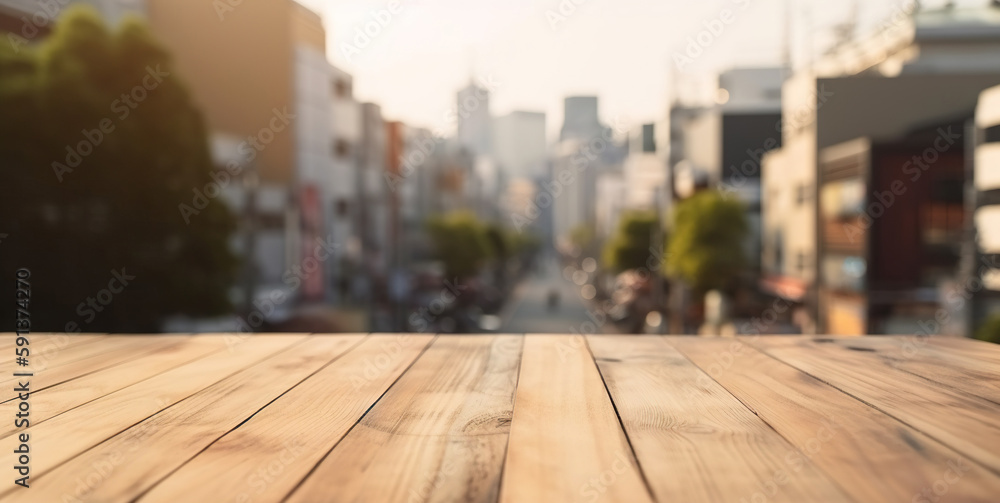 Wood table mockup with Tokyo city street in shallow depth of field. Copy space for product. Generati