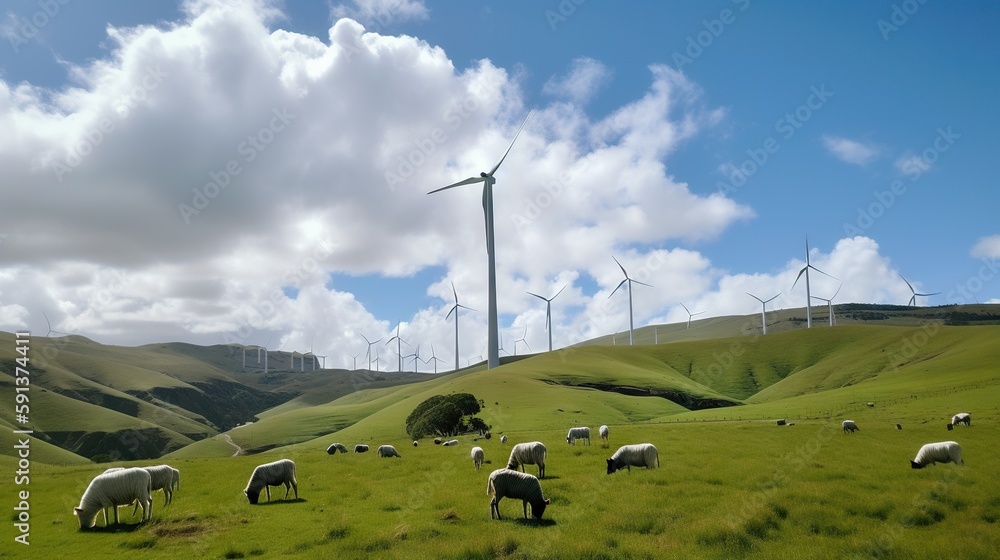 Power generating windmills on green hills. Renewable energy concept. Generative AI